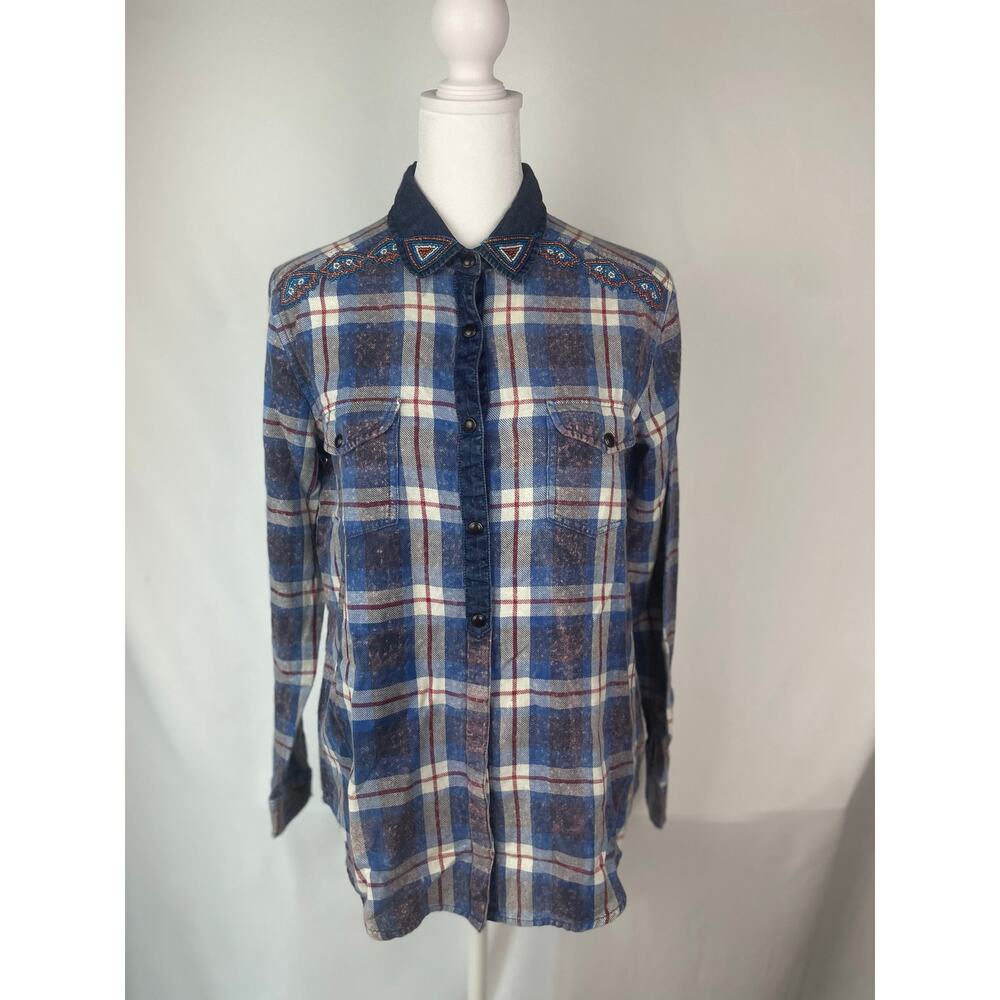 Women Fitted Western Plaid Button-Up Bead Embroidered Collar & Shoulder Top Sz M